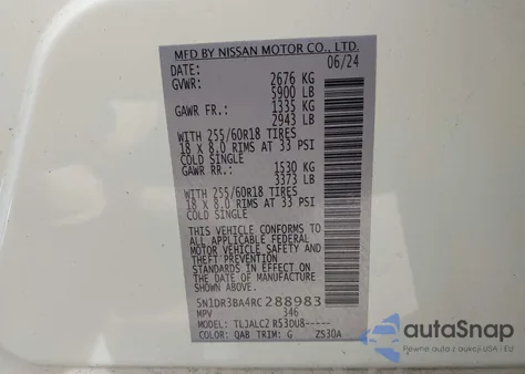 2024 Nissan Pathfinder Sv Fwd z USA, uszkodzony, nr VIN 5N1DR3BA4RC288983